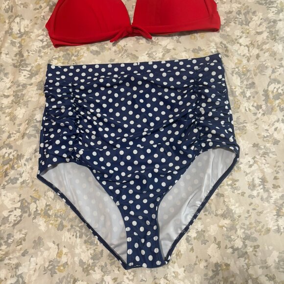 Cocoship Red Halter Bikini Top High-Waisted Blue Polka Dot Swim Bottoms Retro - Picture 6 of 6